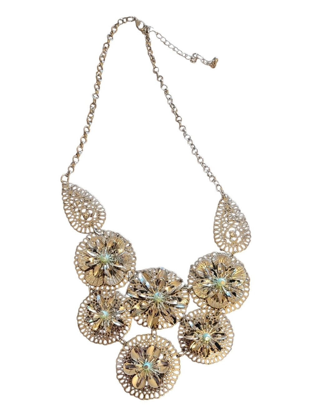 Silver Floral Bib Necklace with Pale Green Accents